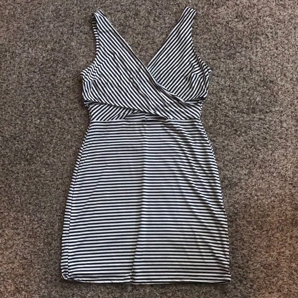 Bodycon style black and white striped party dress.